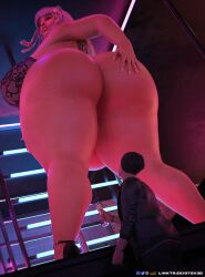 1boy 1girls 3d ass back_view bbw big_ass fat female female_focus giantess gtsx3d hand_on_ass huge_ass larger_female male mini_giantess overweight overweight_female pink_hair presenting_hindquarters size_difference smaller_male strip_club stripper stripper_pole