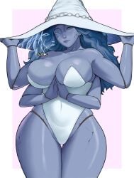 1girls 4_arms big_breasts blue_body blue_hair blue_skin doll_joints elden_ring female female_focus female_only gud0c hat leotard looking_at_viewer ranni_the_witch solo tagme thick_thighs white_hat white_leotard witch witch_hat