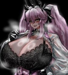 black_bow black_bowtie black_gloves black_lace black_lace_bra bunny_ears fangs fate/grand_order fate_(series) gloves grin koyanskaya_(fate) maabo_harusame naughty_face pink_hair steam steaming_body sweat sweatdrop sweaty_breasts tagme white_clothing yellow_eyes