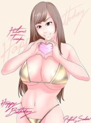 1girls 2020 anime_style bikini birthday_gift brown_eyes brown_hair female female_only heart heart_hands hitomi_tanaka porn_star real_person smile smiling sodomi_pigtail swimsuit