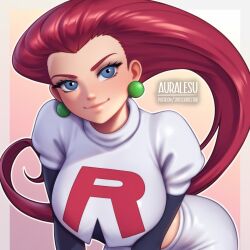 1girls ai_generated artist_logo artist_name artist_website auralesu blue_eyes crop_top digital_media_(artwork) earrings female game_freak gamefreak girly green_earrings hi_res high_resolution highres jessie_(pokemon) logo nintendo patreon patreon_username pokemon pokemon_trainer red_hair self_upload subscribestar subscribestar_username