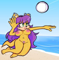 5_fingers 5_toes absurd_res anthro archie_comics beach blackmore breasts feet female fingers hair herpestid hi_res jumping mammal mina_mongoose mongoose motion_lines navel nipples nude pubes purple_hair sega solo sonic_(series) sonic_the_hedgehog_(archie) sonic_the_hedgehog_(comics) sonic_the_hedgehog_(series) sport summer tail toes volleyball yellow_body