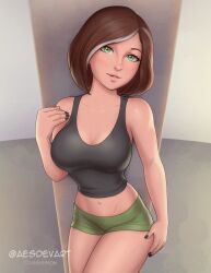 1girls aesdev big_breasts brown_hair green_eyes hair_streak light-skinned_female milf slim_waist tagme thick_thighs wide_hips workout_clothes