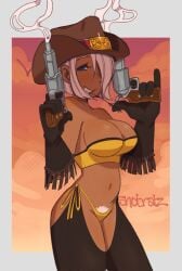 1girls big_breasts blue_eyes breasts busty cleavage cowboy_hat female female_only gloves grin gun hat highres large_breasts legs looking_at_viewer midriff mouth_hold naughty_face navel original pubic_hair pubic_hair_peek short_hair smile solo strapless thick_thighs thighs thong tube_top voluptuous weapon white_hair