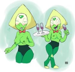 alcohol blush bowtie breast_grab breasts digital_media_(artwork) female gem_(species) green_body hi_res nipples open_mouth partially_clothed peridot_(steven_universe) plate purple_tongue spec_almond_(artist) steven_universe tongue_out wine wine_glass winking_at_viewer