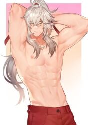 1boy abs arms_behind_head arms_up closed_mouth grey_hair high_ponytail highres honkai:_star_rail honkai_(series) jing_yuan long_hair male_focus male_only mole mole_under_eye muscular muscular_male navel nipples pants red_pants solo stomach topless_male white_hair yellow_eyes zhineart