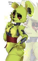 anthro anthro_only bunny_ears bunny_girl bunny_tail female_focus ffissikk five_nights_at_freddy's five_nights_at_freddy's_3 flirting_look fuck_me_eyes genderswap genderswap_(mtf) green_fur green_skin no_nipples red_eyes rule_63 sarahtrap_(fnaf) scottgames solo_female solo_focus sparkles springtrap springtrap_(fnaf) touching_ass touching_face