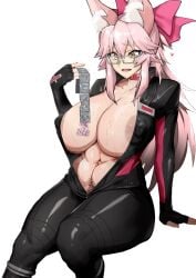 1girls areolae belly_button bodysuit choker chubby chubby_female cleavage condom edit fate/grand_order fate_(series) fluffy_ears fox_ears glasses huge_breasts koyanskaya_(assassin) koyanskaya_(fate) kunaboto_(style) long_hair nipple_bulge pink_hair pink_ribbon pubic_hair puffy_nipples ribbon sweat sweaty third-party_edit tight_clothing transparent_background