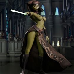 3d 3d_(artwork) atlysio-3d big_breasts blender breasts female female_only highres jedi jedi_master lightsaber luminara_unduli mirialan nipples no_panties solo standing star_wars star_wars:_the_clone_wars topless weapon