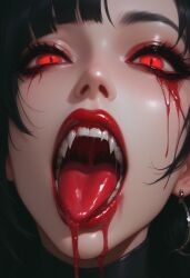 1girls ai_generated aipornarts black_hair blood blood_on_face close-up dark_hair open_mouth presenting_mouth red_eyes saliva vampire