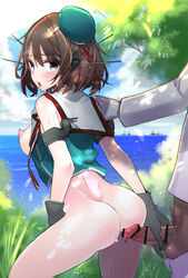 1boy ass black_gloves blue_eyes blush bottomless breasts brown_hair censored female from_behind gloves hair_ornament hairclip hat headgear kantai_collection looking_back maya_(kantai_collection) nipples no_bra no_panties open_clothes open_mouth penis penis_grab short_hair sleeveless tajima_ryoushi