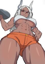 >:( 1girls abs absurdres angry animal_ears athletic_female big_breasts boku_no_hero_academia breasts closed_mouth commentary crop_top crop_top_overhang dark-skinned_female dark_skin english_commentary female fit_female from_below frown hand_on_own_hip hand_up highres holding holding_tray hooters hooters_uniform kemonomimi large_breasts long_eyelashes long_hair looking_at_viewer mature_female miruko muscular muscular_female my_hero_academia navel no_legwear orange_shorts parted_bangs rabbit_ears rabbit_girl red_eyes rumi_usagiyama short_shorts shorts simple_background slim_waist solo stomach tank_top telefka thick_thighs thighs tray underboob v-shaped_eyebrows white_background white_hair white_tank_top wide_hips