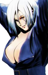 1girls angel_(kof) big_breasts big_breasts blue_eyes breasts breasts cleavage clothed female hands_behind_head hands_up huge_breasts jacket king_of_fighters leather leather_clothing leather_jacket light-skinned_female light_skin open_clothes seductive short_hair thick voluptuous voluptuous_female white_hair