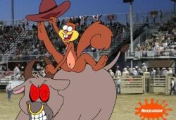 1girl brown_body brown_fur buckteeth bull cattle crowd crowd_watching edit female furry legs_up naked nickelodeon parody pussy riding rodeo sandy_cheeks solo spanky15 spongebob_squarepants spongebob_squarepants_(series) squirrel