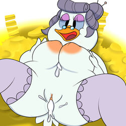 anthro areola avian beak bentina_beakley bird breasts clitoris clothing coin cum cum_in_pussy cum_inside cum_on_chest disney duck ducktales eyelashes eyewear female glasses gold grey_hair hair half-closed_eyes legwear lying money nipples nude old on_back open_mouth overweight pussy solo spread_legs spreading stockings thegalen white_feathers