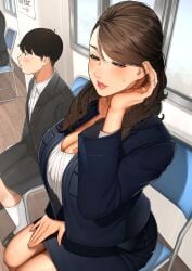 1boy 1girls big_breasts black_hair brown_hair closed_eyes female female_focus male metro office_lady ring sakuranotomoruhie sitting