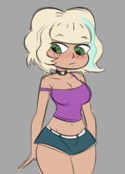 alternate_outfit blonde_hair choker exposed_shoulders freckles green_eyes jackie_lynn_thomas midriff miniskirt purple_shirt solo_female star_vs_the_forces_of_evil