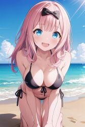 1female 1girls ai_generated bangs beach bikini breasts commentary_request english_commentary female female_only fujiwara_chika hair_ribbon hi_res highres kaguya-sama_wa_kokurasetai_~tensai-tachi_no_renai_zunousen~ light-skinned_female light_skin long_hair long_hair_female looking_at_viewer medium_breasts mixed-language_commentary normal_breasts outdoors outside pink_hair pink_hair_female sand solo solo_female very_high_resolution water