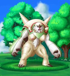 absurd_res anthro big_breasts breasts chesnaught claws female grass hi_res muscles muscular_female nintendo ole open_mouth outside pokemon pussy solo thick_thighs video_games wide_hips