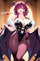 ai_generated alternate_costume animal_print bare_shoulders bat_wings black_leotard boosterred99 cosplay darkstalkers earrings honkai:_star_rail kafka_(honkai:_star_rail) large_breasts leotard long_hair morrigan_aensland morrigan_aensland_(cosplay) multicolored_hair pantyhose print_pantyhose purple_pantyhose seductive seductive_look seductive_smile stable_diffusion succubus succubus_wings