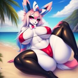 ai_generated anthro arched_back ass beach big bikini breasts cameltoe curvy_body dat_ass female female_only front_view frosting.ai furry furry_only horny_expression huge_ass looking_at_viewer nipple_bulge pokemon pokemon_(species) sideboob small_bikini standing sylveon tagme tail thesadman_ thick_ass thick_thighs thighhighs thighs wide_hips