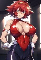 1female 1girls ai_generated big_breasts bodysuit breasts commentary_request cutie_honey cutie_honey_(character) english_commentary female female_only hairband large_breasts looking_at_viewer nipples short_hair short_hair_female standing visible_nipples