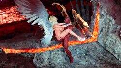 1boy 1girls 2023 3d angel angel_wings blonde_hair carrying carrying_partner demon devil enetwhili2 female huge_breasts large_breasts male nude nude_female nude_male outdoor outdoor_nudity outdoor_sex outdoors outside red_body red_skin straight volcano wings