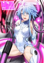 bare_shoulders blanc blue_hair bodysuit bondage erect_nipples erect_nipples_under_clothes female female_focus goddess highres ill_(0022) imminent_torture light_skin machine neptunia_(series) open_mouth petite red_eyes restrained short_hair small_breasts solo spread_legs thighhighs white_heart_(neptunia)