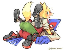 anthro ass avian bird canine clothed clothing duo falco_lombardi fox fox_mccloud kemo_nuko looking_at_viewer lying male mammal nintendo star_fox sweat video_games yaoi