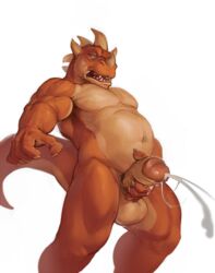 1boy balls blue_eyes claws cum cumshot darkgem dinosaur dragon horn male male_only masturbation musclegut muscles nude open_mouth orgasm penis plain_background retracted_foreskin solo tharis uncut white_background