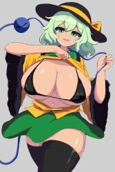 bikini bikini_under_clothes black_bikini black_hat black_thighhighs buttons collarbone curvy diamond_button female green_hair green_skirt grey_background hat hat_ribbon heart heart_of_string highres koishi_komeiji lifting_own_clothes long_sleeves looking_at_viewer moriforest1040 namako_daibakuhatsu_(style) open_mouth ribbon shirt short_hair simple_background skirt solo swimsuit thighhighs thighs third_eye touhou wide_hips wide_sleeves yellow_ribbon yellow_shirt