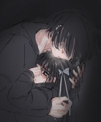 1boy 1boy1girl 1girls aroused black_eyes black_hair black_hoodie blush brother_and_sister character_request clothing couple dark dark_room embarrassed emo goth goth_girl gray_bow hair_bow hair_over_eyes hand_in_another's_hair hand_on_another's_head headpat hug incest indoors leaning leaning_on_person long_bangs love mole mole_under_eye nervous nervous_male original petting pierced_ears popisya pout self_upload size_difference steam straight sweat sweating wholesome