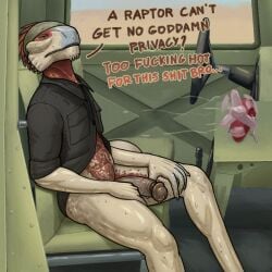 activision anthro big_penis bodily_fluids bottomless call_of_duty car clothed clothing codasaurus dialogue dinosaur dromaeosaurid english_text genitals half-erect humanoid_genitalia humanoid_penis inside_car long_penis looking_at_viewer male penis prehistoric_species reptile scalie solo steering_wheel sweat tall_lizzard_(artist) text theropod topwear vehicle vein veiny_penis wet wet_clothing