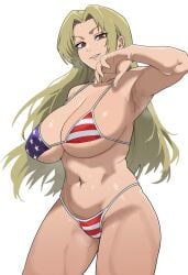 1girls american_flag american_flag_bikini arm_up armpits big_breasts bikini blonde_hair cleavage female jujutsu_kaisen light-skinned_female navel oeoeoe sideboob solo swimsuit swimwear thick_thighs voluptuous yuki_tsukumo