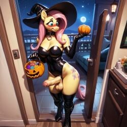 ai_generated balls collar costume dripping_precum embarrassed fluttershy_(mlp) futanari halloween my_little_pony penis pumpkin thighhighs trick_or_treat witch_hat