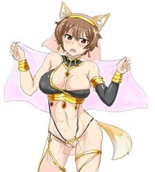 animal_ears arabian_clothes arabian_outfit blush breasts brown_eyes brown_hair clothing fox_ears fox_tail harem_outfit jewelry jewels katou_keiko large_breasts open_mouth pubic_hair strike_witches tail world_witches_series