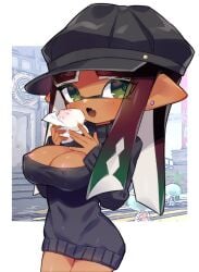 1girls areolae_peeking bangs black_hat blunt_bangs boob_window breasts cleavage dokudami-sama_(vaz_999) hat imminent_eating inkling inkling_girl inkling_player_character looking_at_viewer open_mouth solo solo_female solo_focus splatoon splatoon_(series) turtleneck turtleneck_sweater vaz_999