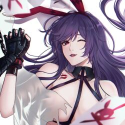 1girls angon623_(artist) behind_curtain big_breasts bunny bunny_ears cards chains curtains gloves hiding_breasts holding_hands kiss_mark lipstick no_bra nude one_eye_closed pale_skin path_to_nowhere pricilla_(path_to_nowhere) purple_eyes purple_hair tetra_(path_to_nowhere) white_background