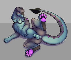 2015 anus balls blue_scales digitigrade dragon feral frill fully_sheathed gravity_(character) grey_background grey_scales head_frill looking_away lying male male_only on_side pawpads paws pink_eyes plain_background purple_scales raised_leg scalie sheath solo spread_legs spreading thesecretcave