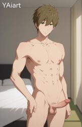 ai_generated brown_hair erection free! green_eyes looking_at_viewer makoto_tachibana male_only nude_male penis standing yaiart yaoi