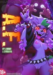 2025 absurd_res animatronic anthro ass bear belt blue_tattoo bow_tie bra bracelet breasts canid canine canis chilllum claws clothing collar comic cover digital_media_(artwork) duo english_text fangs female fingers five_nights_at_freddy's five_nights_at_freddy's:_security_breach genitals glamrock_freddy glamrock_freddy_(fnaf) glowing glowing_eyes grabbing_from_behind green_hair grey_body grey_hair hair hat headgear headwear hi_res humor jewelry joke machine mammal muscular musical_instrument nude orange_body pose posing_for_picture presenting robot roxanne_wolf roxanne_wolf_(fnaf) scottgames shoulder_pads spiked_belt spiked_bracelet spiked_collar spikes steel_wool_studios syrrvya tattoo teeth text tongue underwear vulva wolf