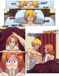 1boy 1girls bedroom blonde_hair blowjob blowjob_under_sheets blue_eyes bruntgonewrong comic dorm english_text fellatio fellatio_under_sheet female ginger_hair goneawful jaune_arc male nora_valkyrie penis rooster_teeth rwby saliva saliva_on_penis sound_effects text viz_media