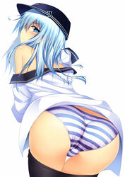 1girls aqua_hair ass black_legwear blue_eyes blue_hair blue_panties blush female hat hibiki_(kantai_collection) kantai_collection long_hair looking_at_viewer looking_back no_pants off_shoulder panties pantyhose pantyhose_pull personification school_uniform serafuku silver_hair solo striped striped_panties suteba_(grzjkbhgf) thigh_gap underwear