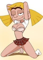 1girl underwear breasts solo skirt bra twintails plaid_skirt socks blonde_hair plaid panties one_eye_closed shirt kneeling cameltoe half-closed_eyes red_skirt pleated_skirt miniskirt white_socks gradient_background arms_up short_sleeves closed_mouth white_shirt white_bra black_eyes full_body arms_behind_head yellow_background white_panties looking_at_viewer cleavage shrug_(clothing) simple_background half-closed_eye medium_breasts kneehighs lace_trim lace-trimmed_bra long_hair pantyshot lace smile navel microskirt midriff thighs shirt_lift helga_pataki hey_arnold! inkershike