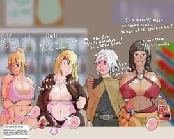 1boy 3girls aiz_wallenstein almost_naked amazon aroused barely_contained_breasts bell_cranel big_breasts bikini blonde_hair blue_eyes blush blushing_male breasts brown_hair buying_condoms coat_open condom curvaceous curvy curvy_figure danmachi dark-skinned_female dark_skin dodynho1572 dungeon_ni_deai_wo_motomeru_no_wa_machigatteiru_darou_ka egg elf elf_ears elf_female erect_nipples erection erection_under_clothes female fertile fiat futa_potion gold_eyes highres holding_shoulder huge_breasts jealous jealous_female large_ass large_breasts lefiya_viridis light-skinned_female light-skinned_male long_hair male multiple_girls nipples_visible_through_clothing orange_hair ovaries pervert ponytail ready_to_fuck red_eyes shiny_skin smug smug_face sports_bra story tanned text thicc thick_ass thong tione_hiryute white_hair wide_hips x-ray