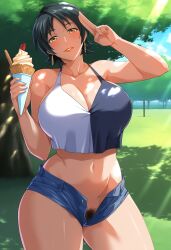 1girls accurate_art_style adult adult_female ai_generated bare_breasts bare_shoulders bible_black bible_black_only big_breasts black_hair blue_sky blush breast_focus breasts busty clouds day denim denim_shorts enigmata erect_nipples erect_nipples_under_clothes exhibitionism exhibitionist facing_viewer female female_only female_pubic_hair front_view holding_object ice_cream large_breasts makeup mature mature_female milf minase_yukiko nipples nipples_visible_through_clothing no_bra no_bra_under_clothes no_panties open_clothes open_fly open_shorts oppai outdoors park pinup pose posing posing_for_the_viewer pubic_hair pubic_hair_peek public public_indecency retro_artstyle revealing_clothes sagging_breasts shameless shirt short_shorts shorts skimpy skimpy_clothes skirt skirt_lift smile solo solo_focus standing sunlight tank_top two-tone_shirt unbuttoned unbuttoned_shorts voluptuous voluptuous_body voluptuous_female waving waving_at_viewer waving_hand yellow_eyes young_adult young_adult_female