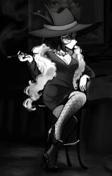 1girls artist_request cleavage clothed dress female female_focus female_only fishnets forsaken_(roblox) high_heels ishowspeed jane_doe_(forsaken) jane_doe_(roblox) looking_away meme_in_the_background noir_jane_doe_(forsaken) roblox roblox_game robloxian seductive sitting solo source_request stool watermark