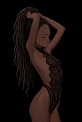 1girls african_female ai_generated armpits arms_up black_female black_lingerie blushing brown_hair dark-skinned_female dark_skin dreadlocks eyes_closed lingerie original original_character petite petite_body side_view small_breasts solo solo_female viewed_from_side