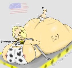 1girls 2boys 2d 2d_(artwork) 50one american_flag barely_contained_breasts big_ass big_balls big_breasts blonde_female blonde_hair boob_window breeding breeding_slave chains cow_print cowbell cum cum_in_ass cum_in_mouth excessive_cum giant_ass giant_breasts giantess hollie_all_american larger_female questionable_consent restrained small_dom_big_sub smaller_male