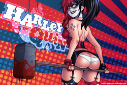 1girls ass ass_cleavage batman_(series) black_hair blood bubble_ass bustier butt_crack clown_makeup corset darkereve dat_ass dc dc_comics dcuaom eyeliner eyeshadow facepaint female female_only garter_belt garter_straps goth hammer harleen_quinzel harlequin harley_quinn harley_quinn_(gods_and_monsters) justice_league:_gods_and_monsters lipstick makeup melee_weapon mole panties picot_trim picot_trim_panties red_hair smile solo standing thighhighs tied_hair twintails two_tone_hair war_hammer weapon white_panties